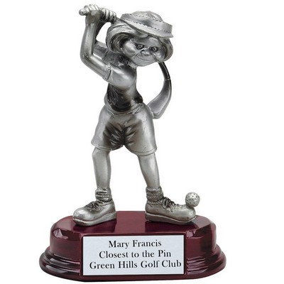 5 ½" Antique Pewter Comic Female Golf Hit & Swing Trophy