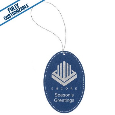 Blue & Silver Leatherette - Ornament With Silver String - Oval
