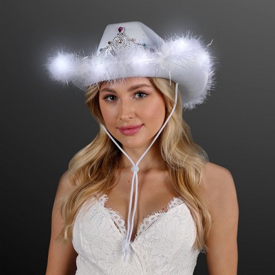 LED Fancy White Cowgirl Hat, Light Up Feather Brim - BLANK
