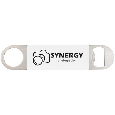 1 1/2" x 7" White/Black Bottle Opener with Silicone Grip