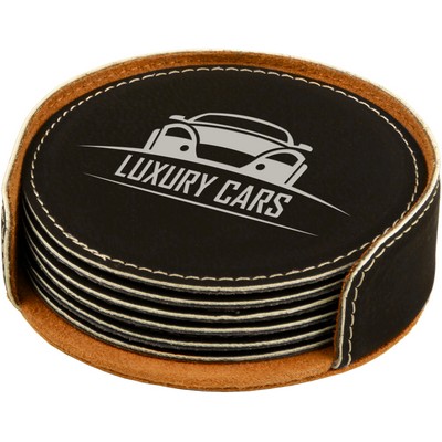 4" Black/Silver Round Leatherette 6-Coaster Set