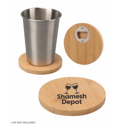 Union Printed - 4" Round Bamboo Coaster with Beer Opener - 1-Color Logo