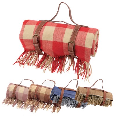 Portable picnic blanket with leather handle and tassel