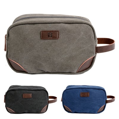 Leather Trim Handheld Canvas Toiletry Bag