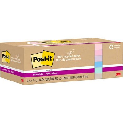 Super Sticky Notes - Pastels, 70 Sheets, 12 Pack (Case of 12)