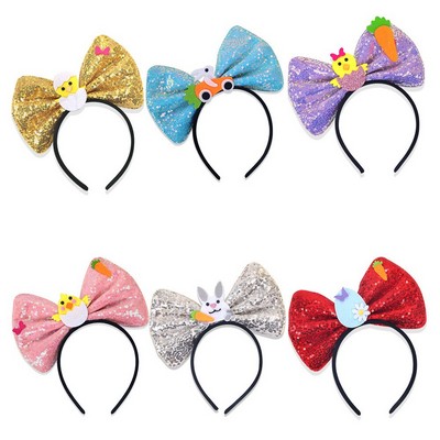 Sequin Easter Bow Headband With Rabbit And Chick Motifs