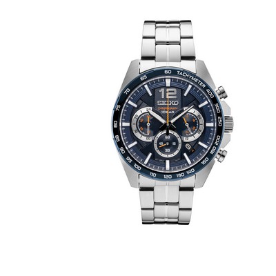 Seiko Watch Mens Chronograph Silver Case w/Blue Dial w/Orange Accents