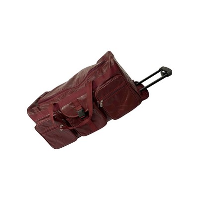 ROLLING 25" Burgundy Leather Travel Bag Luggage w/ Heavy Duty Wheels & Telescoping Handle