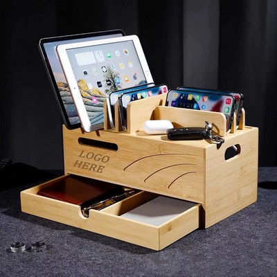 Bamboo Charging Station with Dock Cable Management Multi-Function Desk Organizer