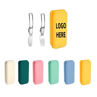 2pcs Stainless Steel Folding Tableware Set w/ Knife&Fork