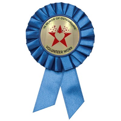 Blue Rosette Ribbon with 2" Honor Outstanding Volunteer Award Mylar Insert (6 1/2" x 3")