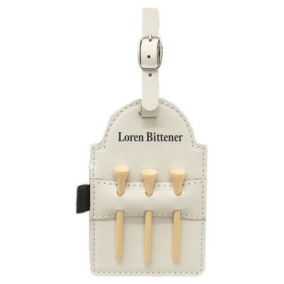 5" x 3 1/4" White Leatherette Golf Bag Tag with 3 Wooden Tees