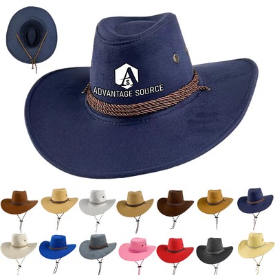 Suede Cowboy Hat with Curved Brim and Chin Strap