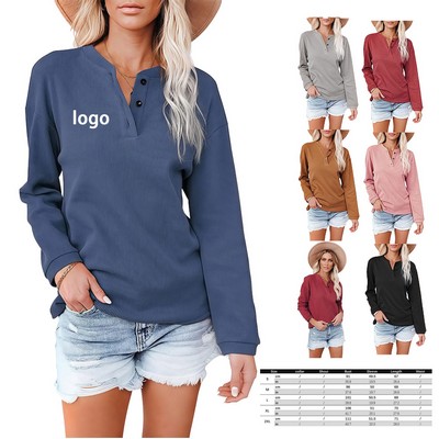 V Neck Solid Color Long Sleeve T Shirt With Buttons(L)