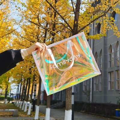 Large Holographic Clear Tote Bag with Leather Handle for Work Beach Travel