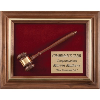 Solid Walnut Framed Gavel Plaque, Red Velour Background and Walnut Gavel, 12-1/2"x15-1/2"