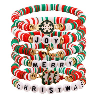 Custom Elastic Christmas Polymer Clay Beaded Bracelets w/ Letter Beads