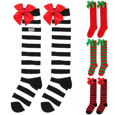 Women Bow Christmas Knee High Socks