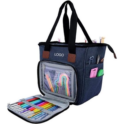 Premium Oxford Fabric Knitting Project Bag Large Capacity Yarn Storage Tote Multi-Pocket