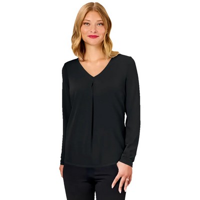 Ladies' Matte Jersey Pleated V-Neck Long Sleeve Blouse