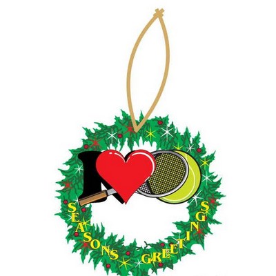 I Love Tennis w/ Racket Wreath Ornament w/ Clear Mirrored Back (6 Square Inch)