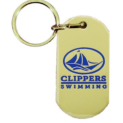 Military style Aluminum Dog Tag shaped key tag (1 1/8" x 2 1/4") w/ die struck color filled imprint.