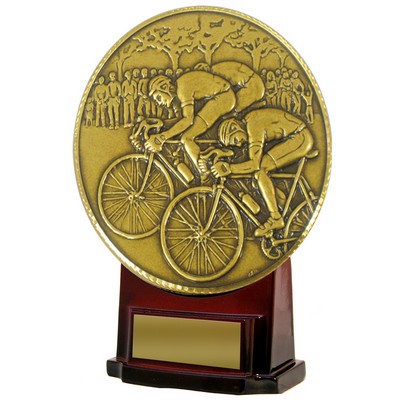 Stock 7" Medallion Trophy with 5 1/2" Bicycling Insert with Engraving Plate