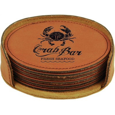 Round Coaster Set - Leatherette - Rawhide/Engraves Black