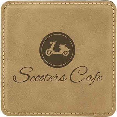 Square Coaster, Light Brown Faux Leather, Engraved, 4x4"