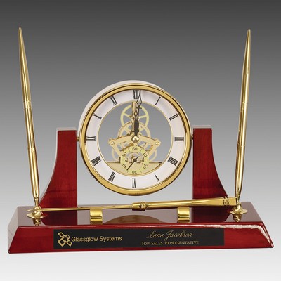 Rosewood Piano Finish Clock w/2 Pens & Letter Opener
