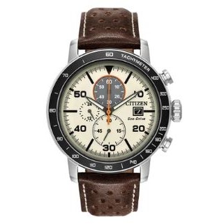Citizen® Men's Brycen Eco-Drive® Watch w/Black Bezel & Brown Leather Strap