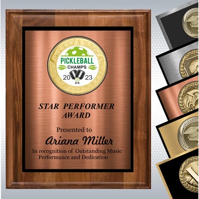 Walnut Wood Plaque w/Choice of Medallion Over Double Engraved Plate (6" x 8")