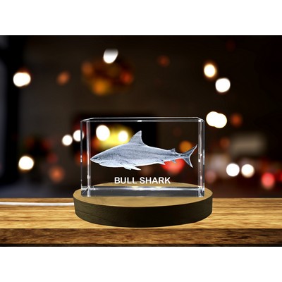 3D Engraved Crystal Bull Shark Trophy Award w/LED Base Light - Ocean Decor