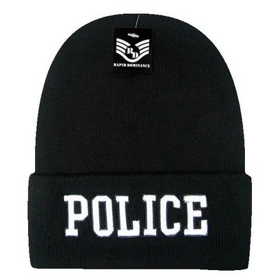 Police Law Enforcement Knit Beanie Cap w/White Text