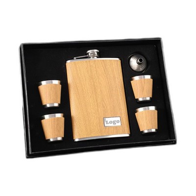 Wood Grain PU Leather 9 Oz. Stainless Steel Hip Flask Set