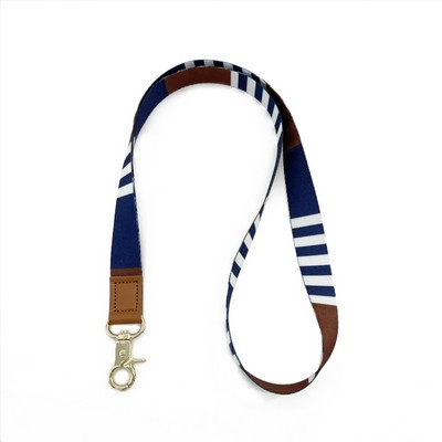 Blue and White Color Block Leather Buckle Lanyard