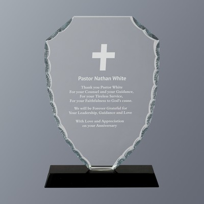 Clear Shield Facet Glass on Black Crystal Base, Large (5-1/2"x 8-1/4"H)