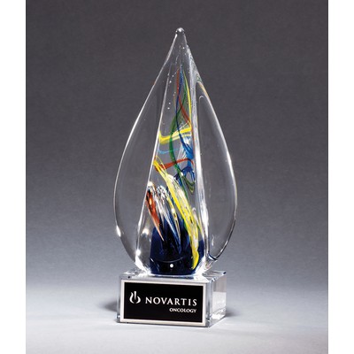 Multi-Colored Flame Teardrop Art Glass on Clear Base, 7-1/8"H