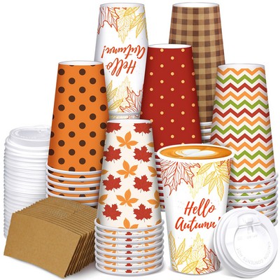 Hello Autumn Paper Coffee Cup 16 oz Disposable with Lid Maple Leaves Beverage