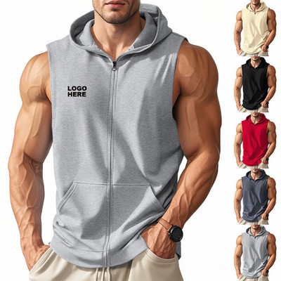 Custom Muscle Tee Zip Up Sleeveless Gym Shirts Men's Workout Hooded Tank Tops