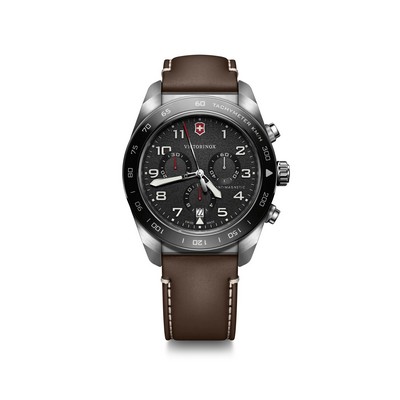 Swiss Army Chrono 42mm, silver case, black bezel/dial, brown leather strap