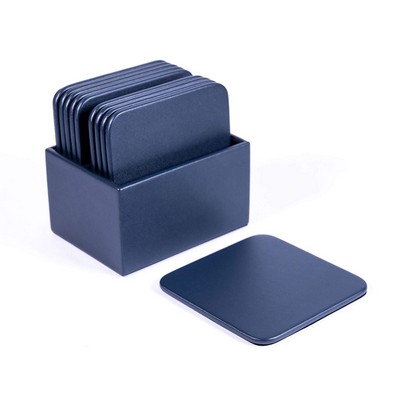 Navy Blue Leather 10 Square Coaster Set w/ Holder