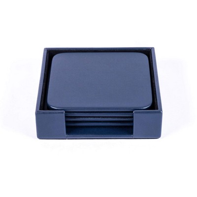 Navy Blue Leather 4 Square Coaster Set w/ Holder