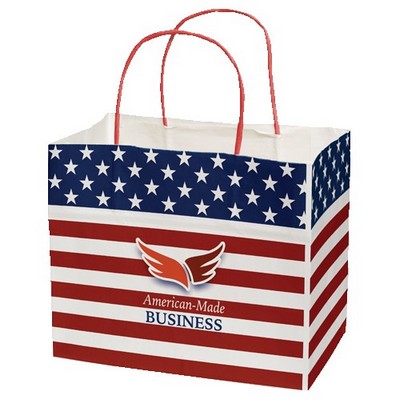 Multi-Sided Full Color White Shopper Paper Bag - Red Handle (8.5"x 7.25"x 5")