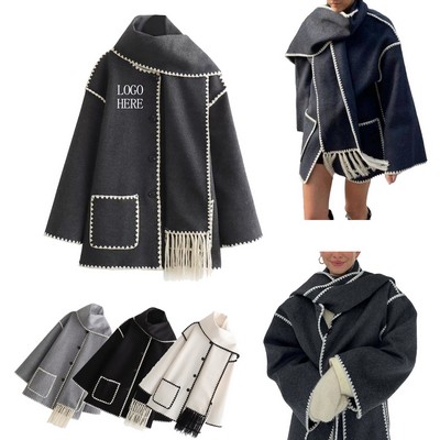 French-Style Single-Breasted Scarf-Collar Coat