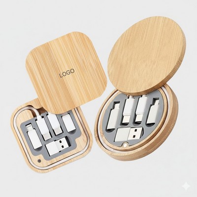 Eco Friendly Bamboo Six in One Fast Charging Cable Storage Box 60W Multi Device Data Cable