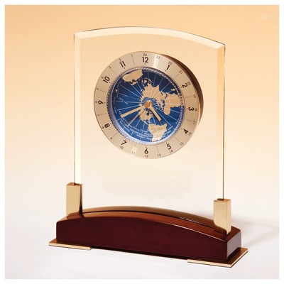 Glass Clock w/World Time Dial on Piano Finish Base - CLK48