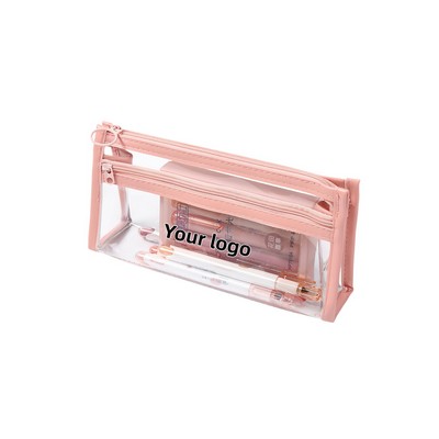 8.3" x 3.9" x 2.4" Clear PVC Triangular Zipper Pencil Pouch (Double-Layer)