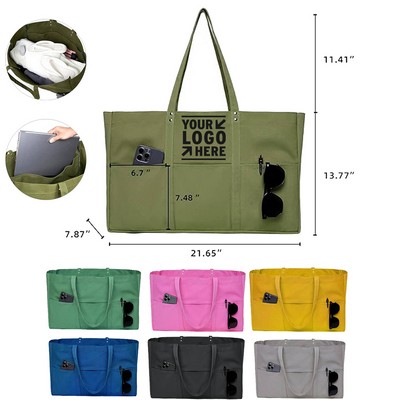 Large Canvas Tote Bag with Pockets for Work & Travel