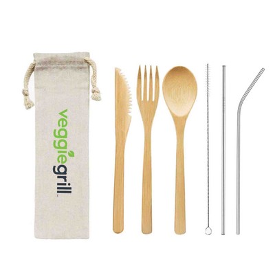 Sustainable Reusable 6-Piece Bamboo Cutlery Set w/ Pouch